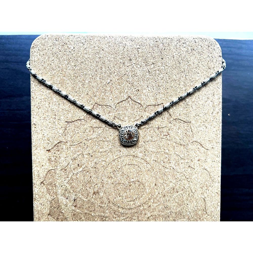 Antique Silver Pattern necklace, crystal yellow stone pendant, adjustable chain